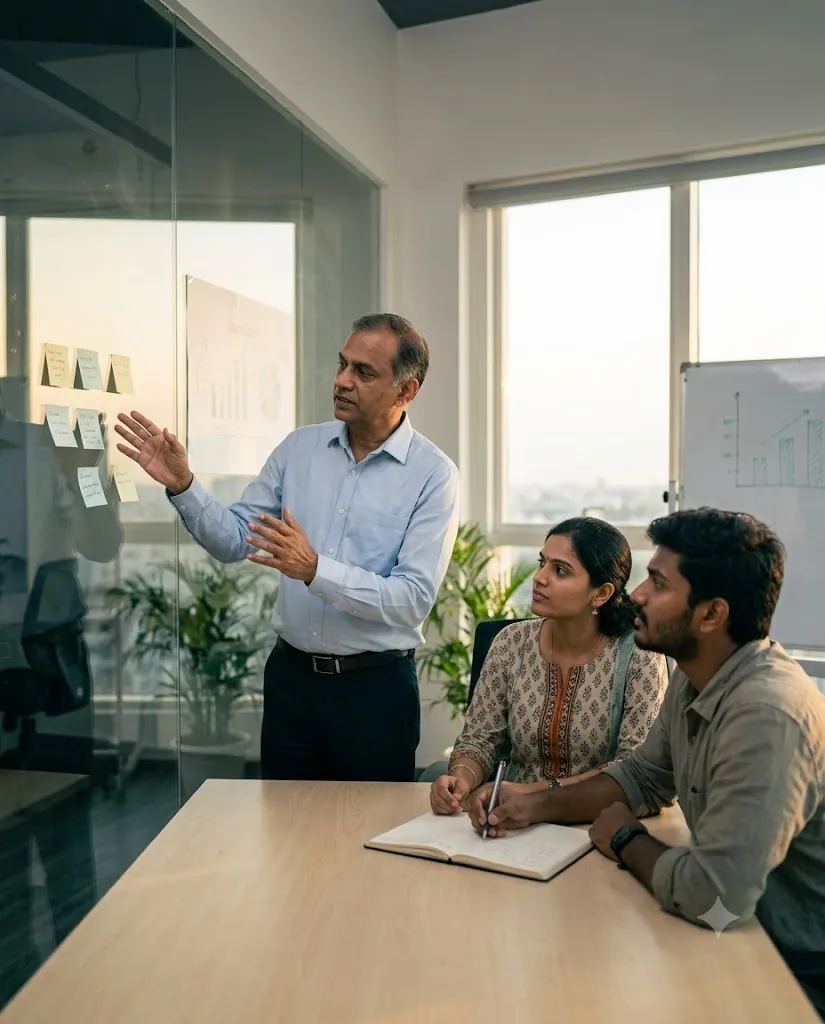A mentor guiding founders through a strategy session at Thiran