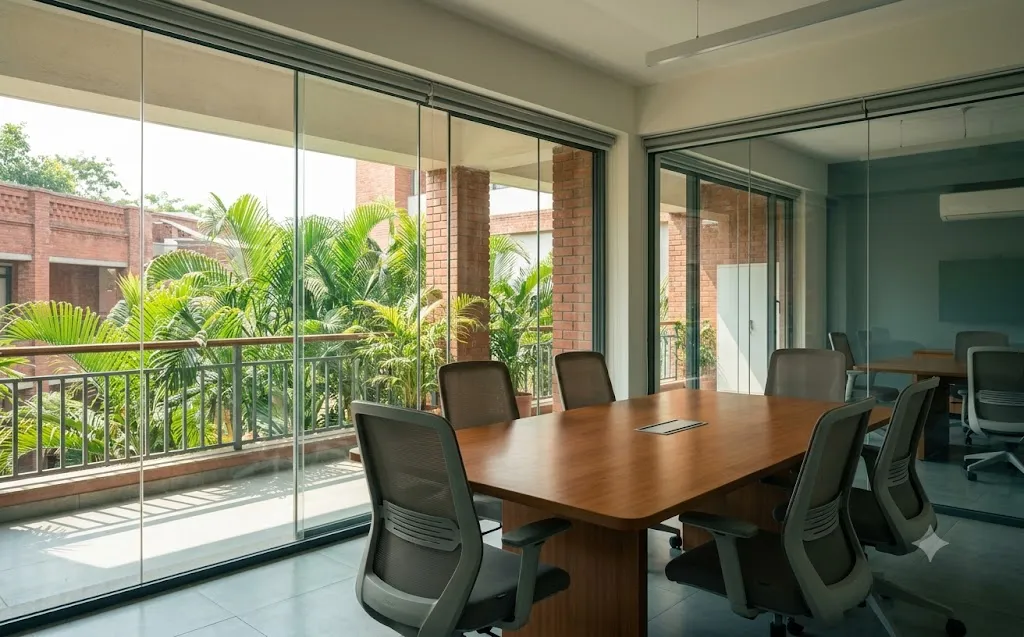 Glass meeting room with greenery views