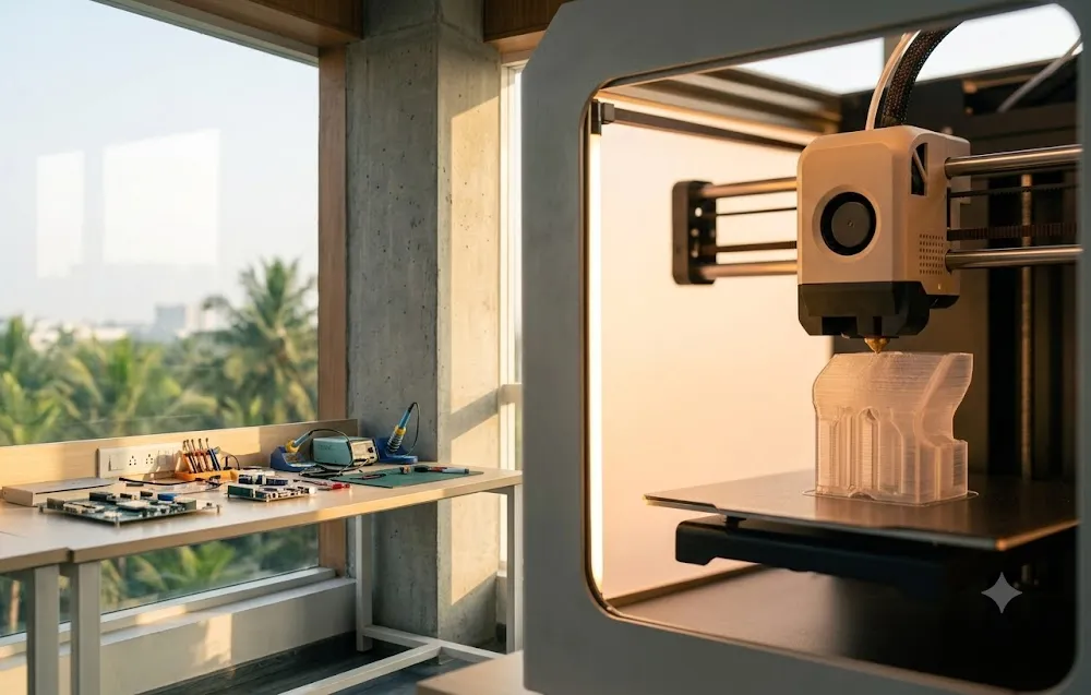 A prototype taking shape on a 3D printer at the Thiran maker space