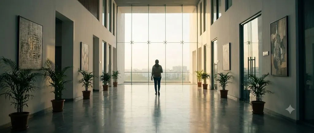 A founder walking toward the light-filled entrance of the Thiran campus