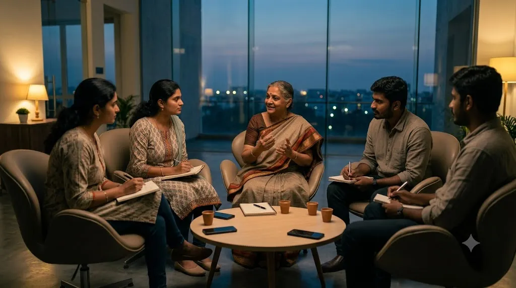 An evening mentorship circle at the Thiran campus
