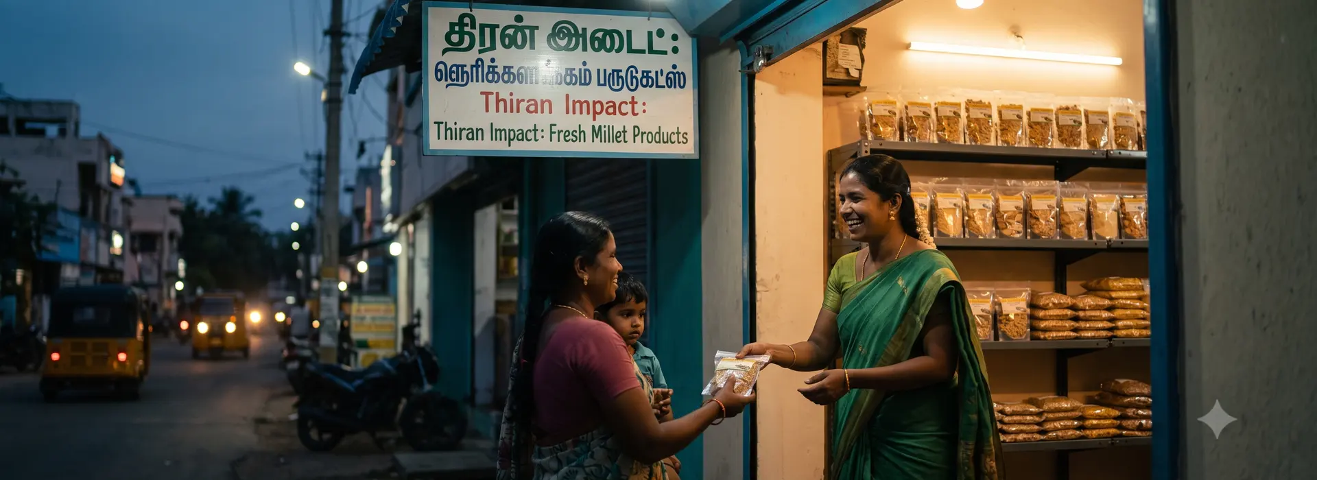 A woman-led startup storefront welcoming its first customers at dusk