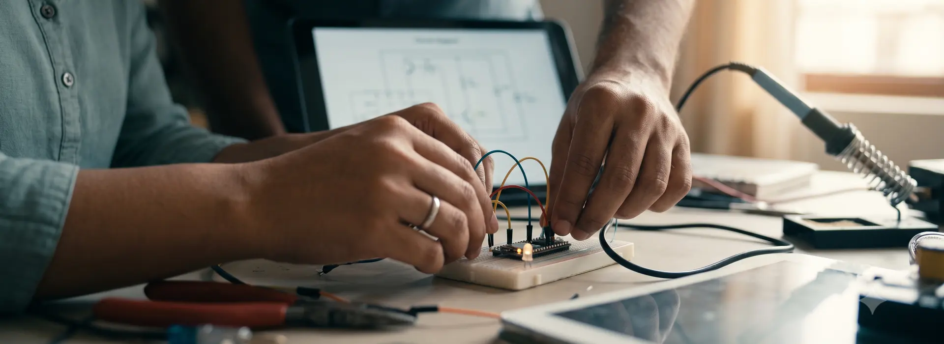 Founders' hands assembling an electronics prototype together