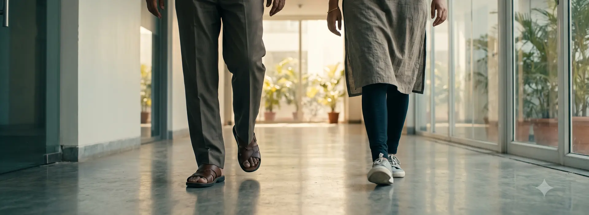 A mentor and founder walking together through a sunlit corridor